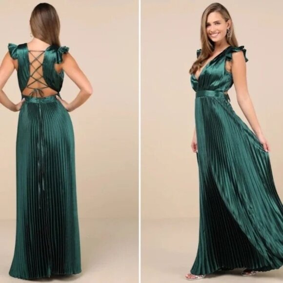 LULU's Sexy Chic Prom Wedding Bridesmaid Satin Ruffle Lace Up Back Maxi Dress - Picture 2 of 7